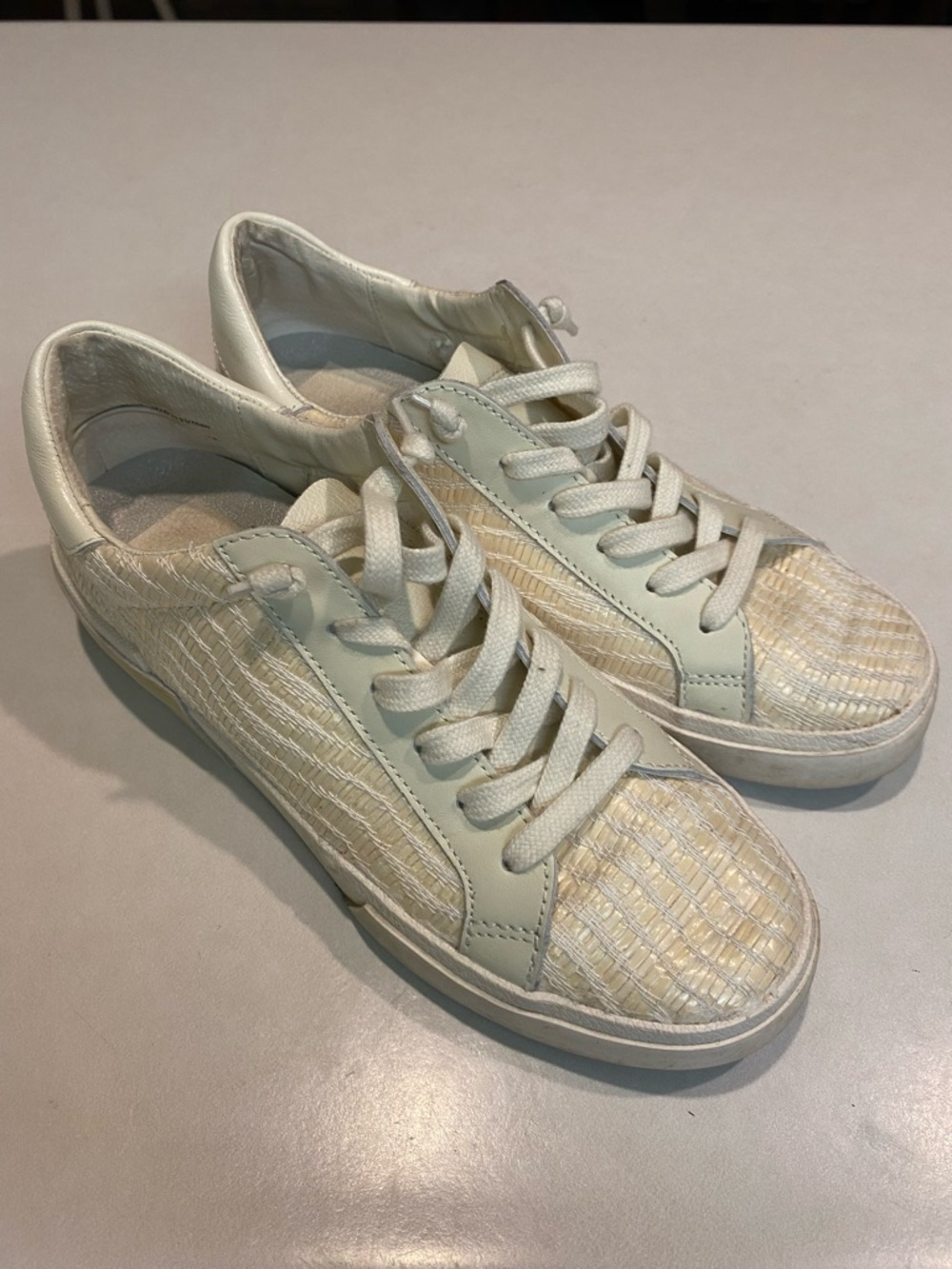 DOLCE VITA ZINA RAFFIA LEATHER WOVEN LACE UP SNEAKERS CASUAL BONE WOMENS SZ 7